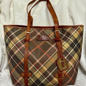 Dooney & Bourke Tartan Plaid Shopping Tote Bag Leather Trim Vintage Made in USA